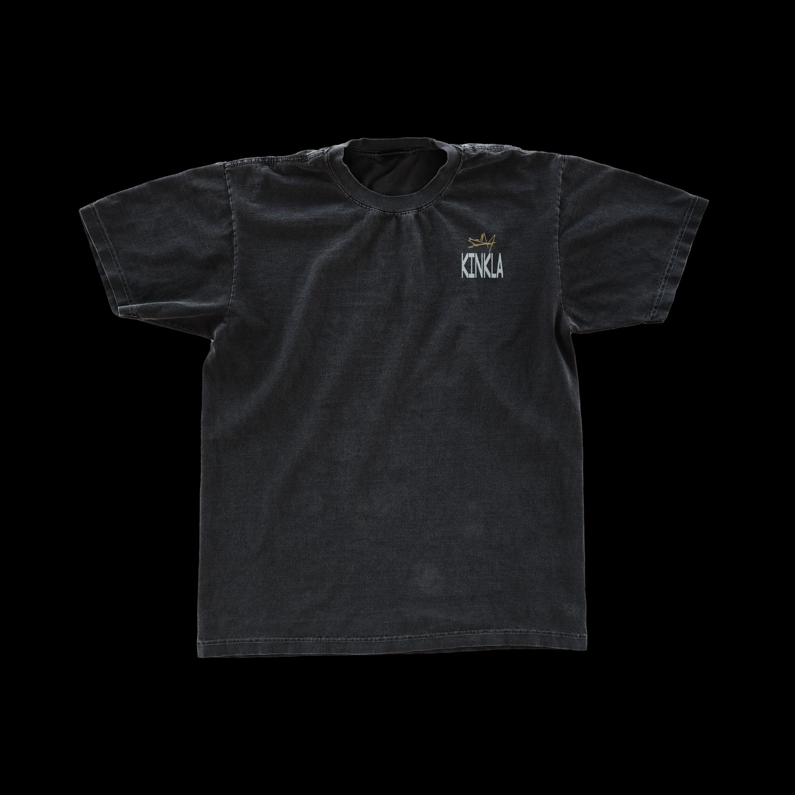 Washed black tee, front: KINKLA chest print with gold scribbled crown