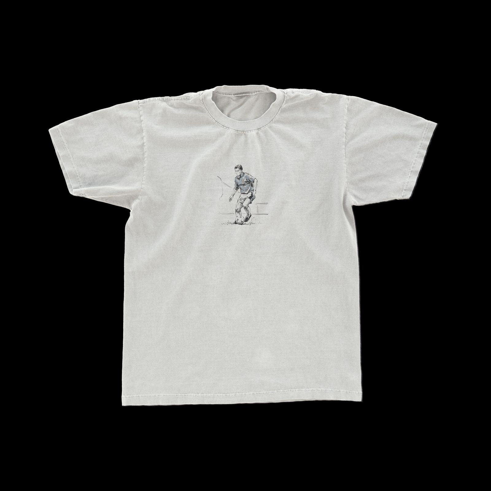 Washed stone tee, front: pen-sketch of Kinkladze on the ball