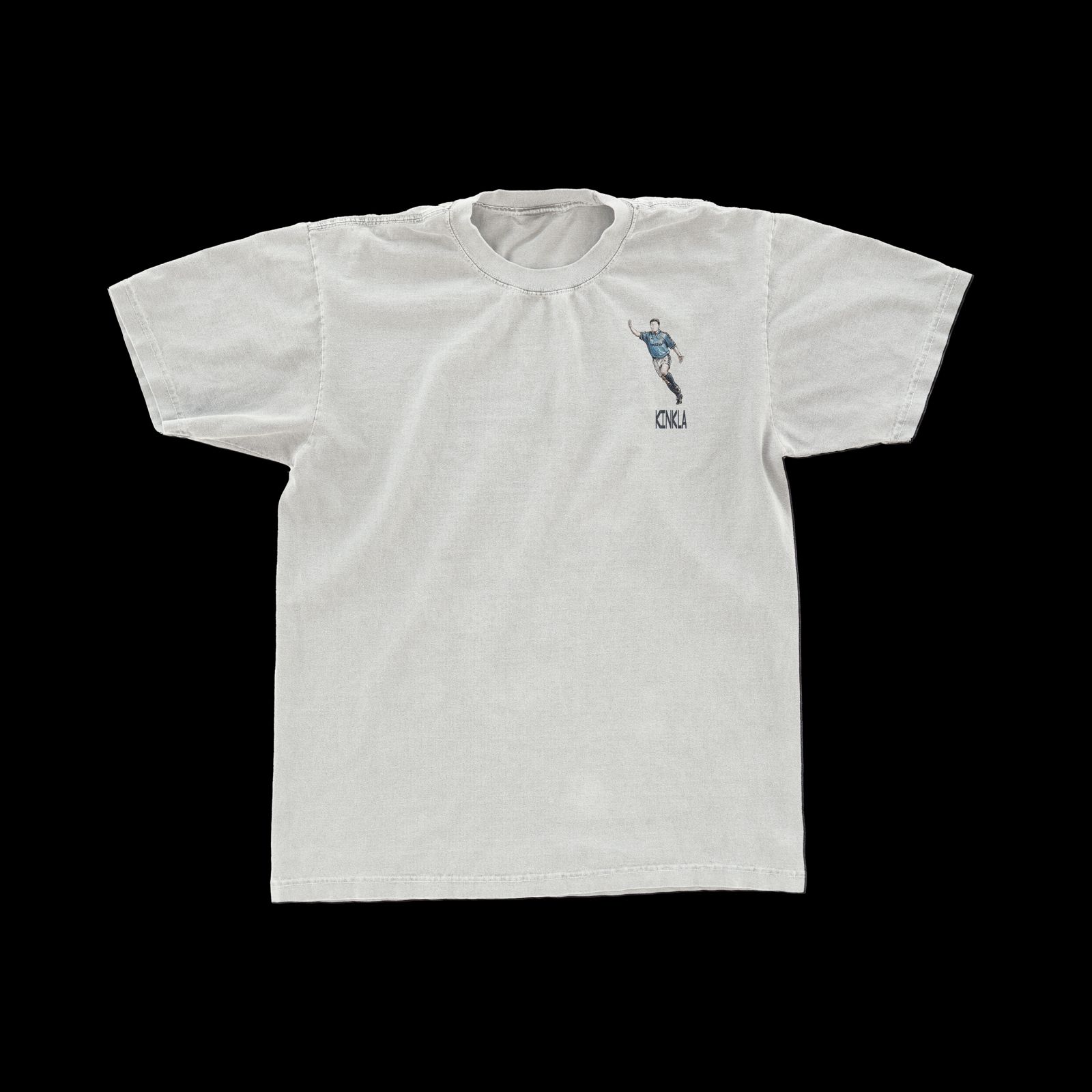 Washed stone tee, front: small illustrated Kinkladze in the laser-blue kit above the word KINKLA